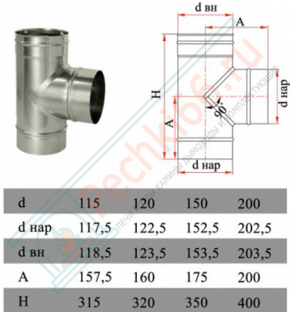 Тройник 90° без изол (НЕРЖ-321/0,8) d-200 (Дымок-Lux)